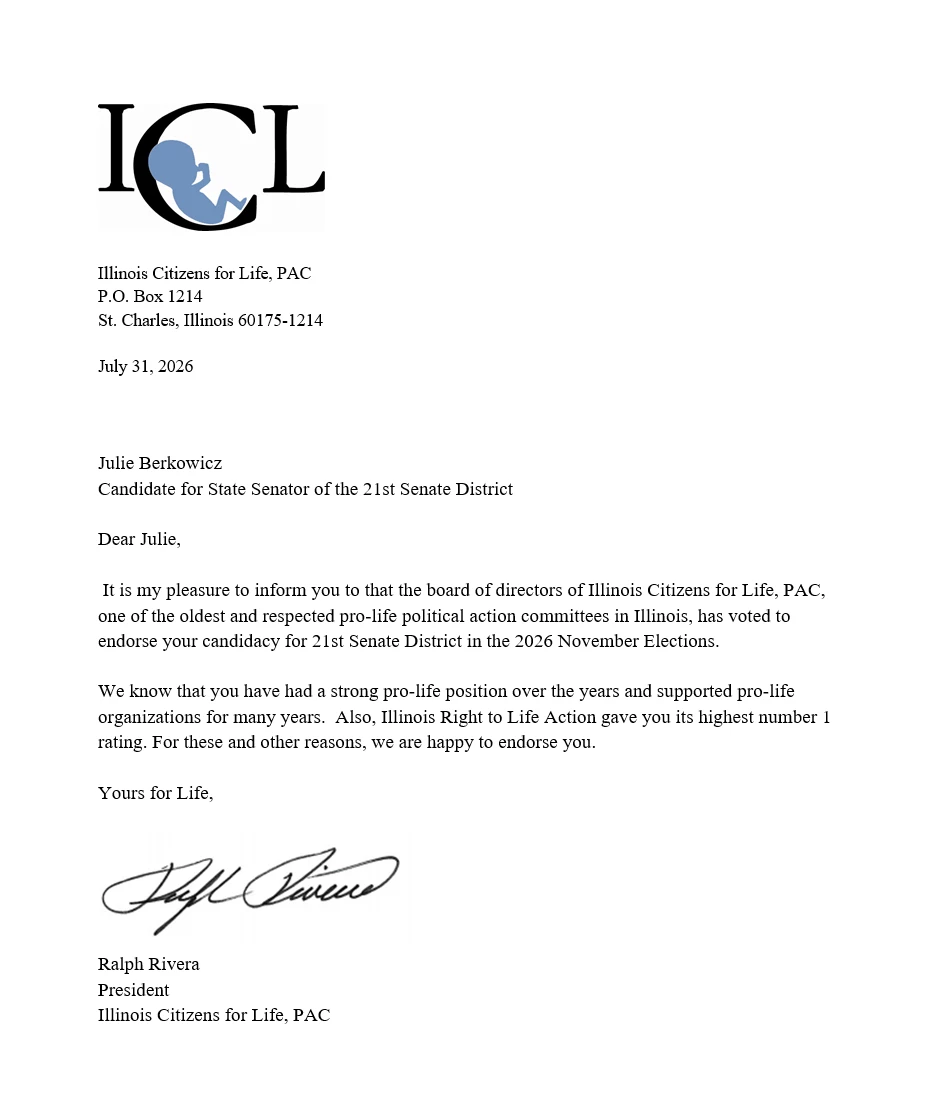 Illinois Citizens for Life PAC endorsement letter for Julie Berkowicz