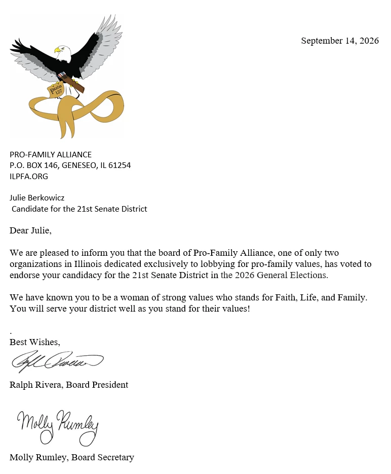 Pro-Family Alliance endorsement letter for Julie Berkowicz